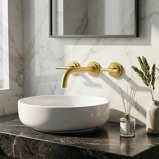 Wall Mount Bathroom Faucet - WOWOW Brushed Gold Bathroom Sink Faucet - 2 Handle Wall Mount Vessel Sink Faucet 3 Holes Elegant Classic Spout Rough in Brass Valve Included