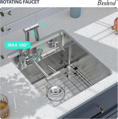 Outdoor Sink and Faucet - Beslend 17x19x9 Inch Undermount Bar Sink With Folding Faucet and Cover 16 Gauge Stainless Steel Single Bowl Sink Indoor Outdoor