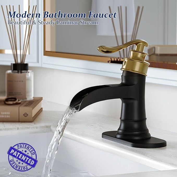 BWE Bathroom Sink Faucet Gold with Matte Black Waterfall Farmhouse Vanity Lavatory Single Hole Faucets One Handle Bath Antique Mixer with Water Supply Line