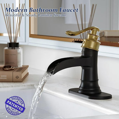 BWE Bathroom Sink Faucet Gold with Matte Black Waterfall Farmhouse Vanity Lavatory Single Hole Faucets One Handle Bath Antique Mixer with Water Supply Line