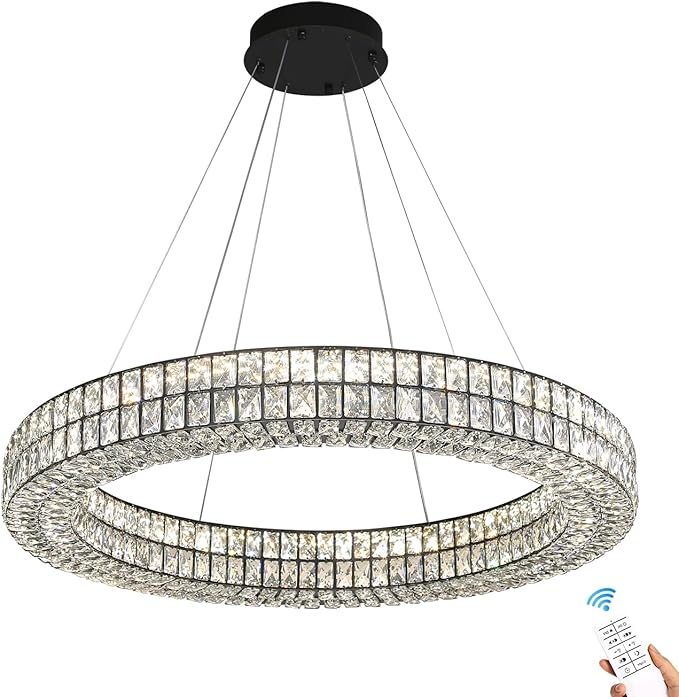 Modern Led Ring Chandeliers Dimmable Crystal Chandelier for Living Room Dining Room Ring Pendant Light Adjustable 24 inch Black