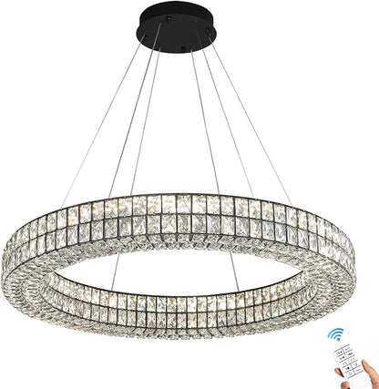 Modern Led Ring Chandeliers Dimmable Crystal Chandelier for Living Room Dining Room Ring Pendant Light Adjustable 24 inch Black