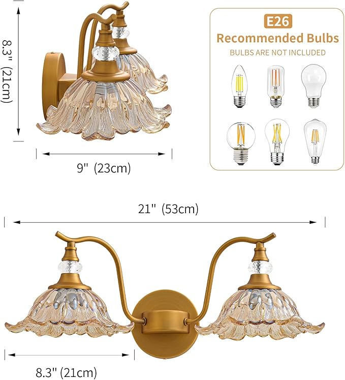 Vintage Bathroom Vanity Light Fixtures - 2 Light Antique Brass Bathroom Lights Fixture Over Mirror with Amber Flower Glass,Retro Brushed Gold Bronze Wall-Mounted Vanity Lighting for Powder Room