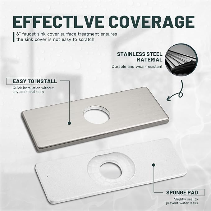 6 Inch Brushed Nickel Sink Hole Cover, Greenspring 4" Hole Cover Deck Plate, Bathroom Faucet Deck Plate, Stainless Steel Square Escutcheon for Bathroom or Kitchen Single Hole Vanity Sink Faucet
