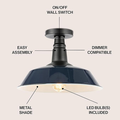 JONATHAN Y 14" Navy/Black 1-Light Industrial LED Semi Flush Mount Ceiling Light for Porch, Kitchen, Entryway, Modern Farmhouse Iron Fixture, White Metal Shade, LED Bulb Included (JYL7617C)