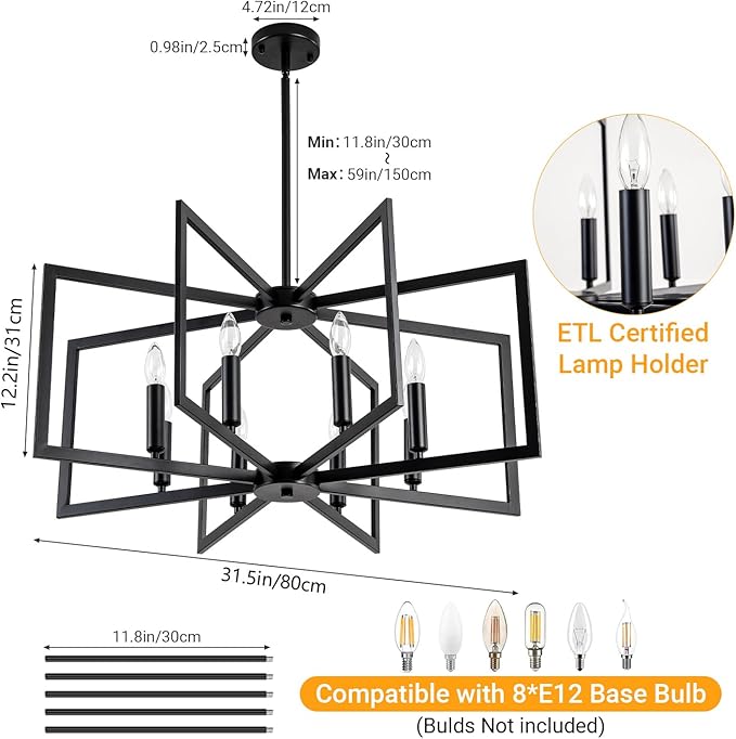 Black Chandelier for Dining Room 8-Light Farmhouse Chandelier,Modern Geometric Industrial Meta Pendant Light Fixture Adjustable Height Hanging Lighting for Dining Room,Living Rooms,Villas,Entryway
