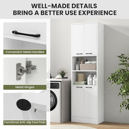 75” Kitchen Pantry Cabinet, Tall Freestanding Kitchen Hutch with 4 Doors, 2 Open Shelves & 4 Anti-Tipping Devices, Bathroom Storage Cabinet for Living Room, Dining Room (White)