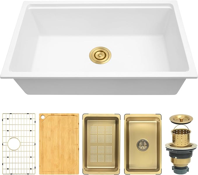 White Undermount Kitchen Sink 28 X 18 inch,Granite Composite Kitchen Sink Undermount/Drop In,Large Single Bowl Workstation Kitchen Sinks (White, 28" X 18")