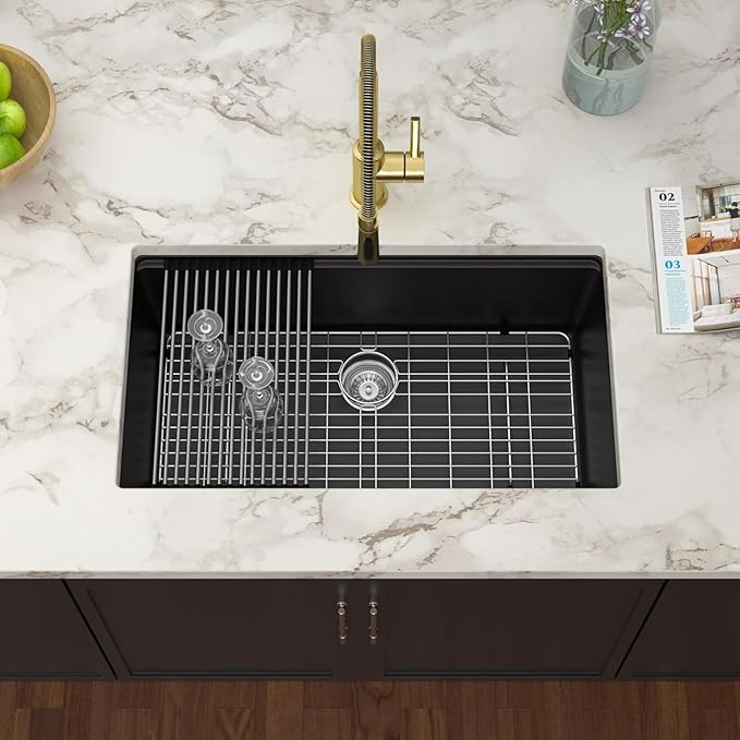 33 Inch Black Granite Composite Undermount Kitchen Sink Workstation - Couoko Matte Black Quartz Single Bowl Kitchen Sink Under Counter Large Deep Classic Sinks with Luxury Accessories, 33"x19"x10"