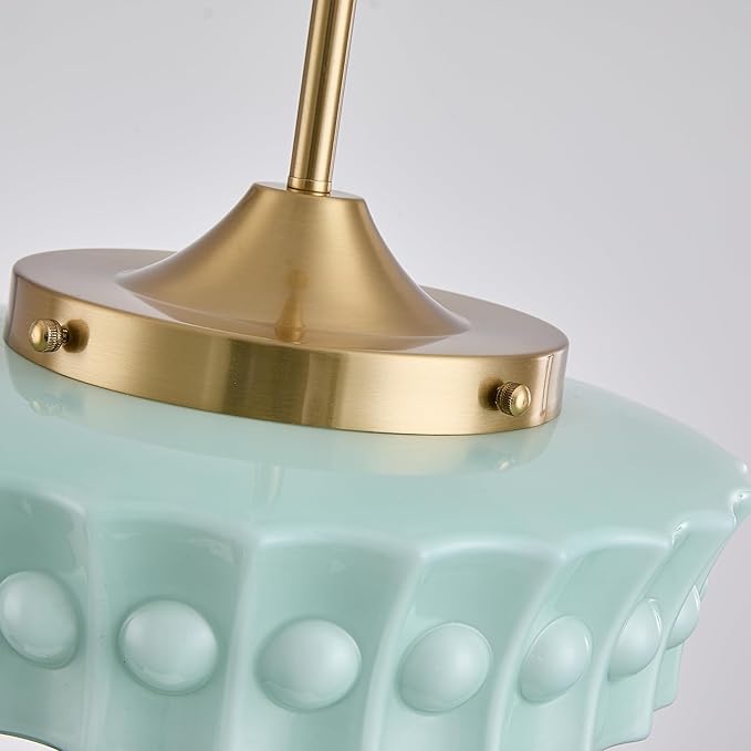 FCTWAKS Schoolhouse Pendant Fixtures, 14" Mid Century Modern Brass Gold Milk Green Glass Pendant Light, Adjustable Height, Vintage Ceiling Hanging Lighting for Dining Room,Hallway,Kitchen Island
