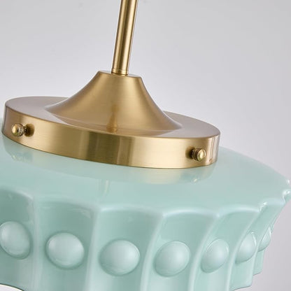 FCTWAKS Schoolhouse Pendant Fixtures, 14" Mid Century Modern Brass Gold Milk Green Glass Pendant Light, Adjustable Height, Vintage Ceiling Hanging Lighting for Dining Room,Hallway,Kitchen Island