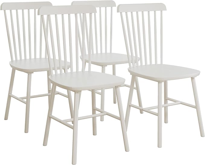 Windsor Dining Chairs Set of 4, Farmhouse Solid Wood Kitchen Chair with Spindle Back, Modern Side Dining Chairs Set for Dining Room, Kitchen, Restaurant, White