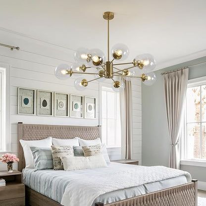 KCO Lighting 12-Light Modern Sputnik Chandelier Clear Bubble Glass Chandelier Mid Century Large Gold Globe Pendant Light Farmhouse Dining Room Lights Kitchen Island Lighting Fixture