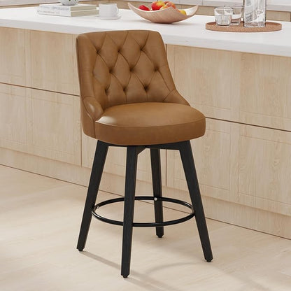 Vipbear Swivel Bar Stools, Updated Thickened Upholstered Faux Leather Counter Height Barstools with Backs, Solid Wood Legs, 26" Modern Bar Height Stools for Kitchen Island, Dining Room, Brown Seat