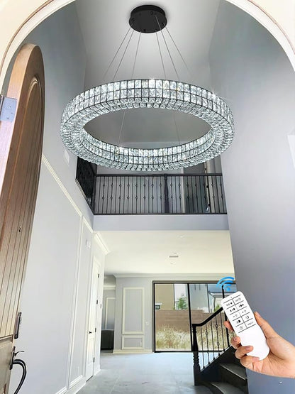 Large Ring Chandelier 47.5 inch Black Modern Crystal Chandelier Lighting High Ceiling Foyer Chandeliers for Living Room Dining Room Staircase Led Dimmable 2700k-6000k