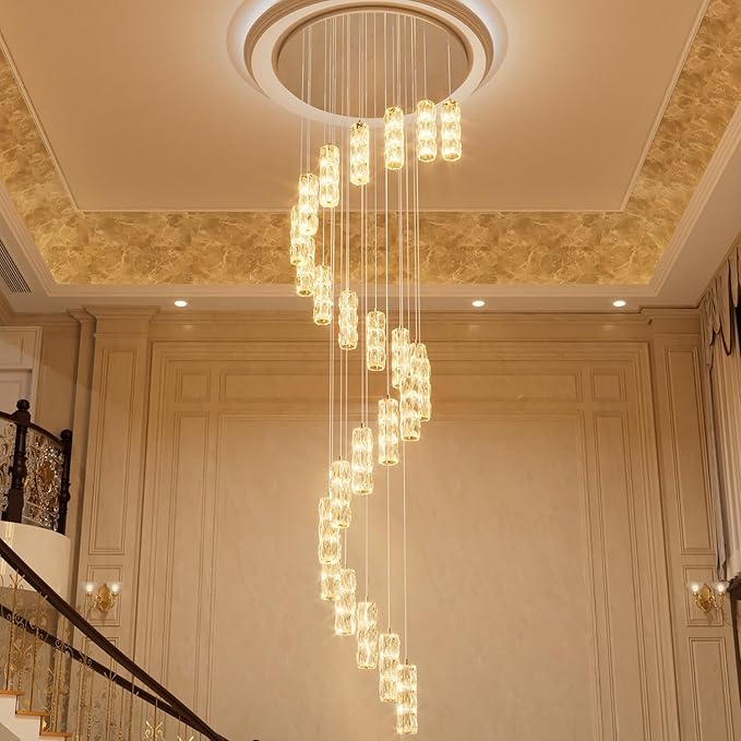 ykolupty H150in Modern Crystal Chandelier LED Dimmable Stairwell Chandelier High Ceiling Pendant Light for Stairs Entryway Living Room