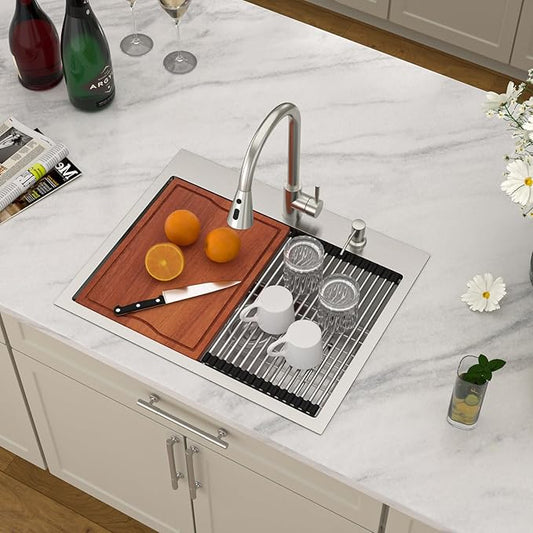 Dcolora 25 In. Drop In Kitchen Sink With Faucet Topmount Wet Bar Sink Workstation Stainless Steel Small Kitchen Sinks Single Bowl 25"×20"×10"