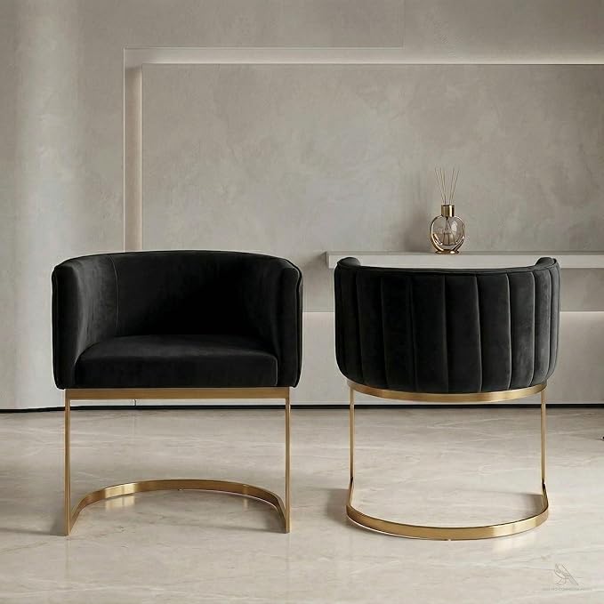 Hyfirm Black and Gold Barrel Dining Chairs Set of 2, Modern Velvet Upholstered Accent Chairs with Curved Back for Kitchen Island, Luxury Comfort Seating Cantilever Metal Frame