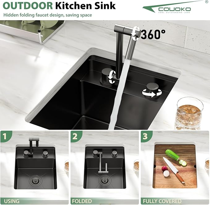 15x18 Inch Outdoor Sink Black Undermount RV Sink Workstation NANO PVD 16 Gauge Stainless Steel Single Bowl Handmade Outdoor Kitchen Sinks With Folding Faucet 15"x18"x9"