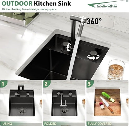 15x18 Inch Outdoor Sink Black Undermount RV Sink Workstation NANO PVD 16 Gauge Stainless Steel Single Bowl Handmade Outdoor Kitchen Sinks With Folding Faucet 15"x18"x9"