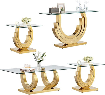 HomVent Glass Coffee Table Set of 4, 2 End Tables and 1 Console Table Living Room Set, 4 Piece Modern Gold Tempered Glass Top Side Tables Bedroom Set of 4 Rectangle Dinner Bedside Sets for Bedroom