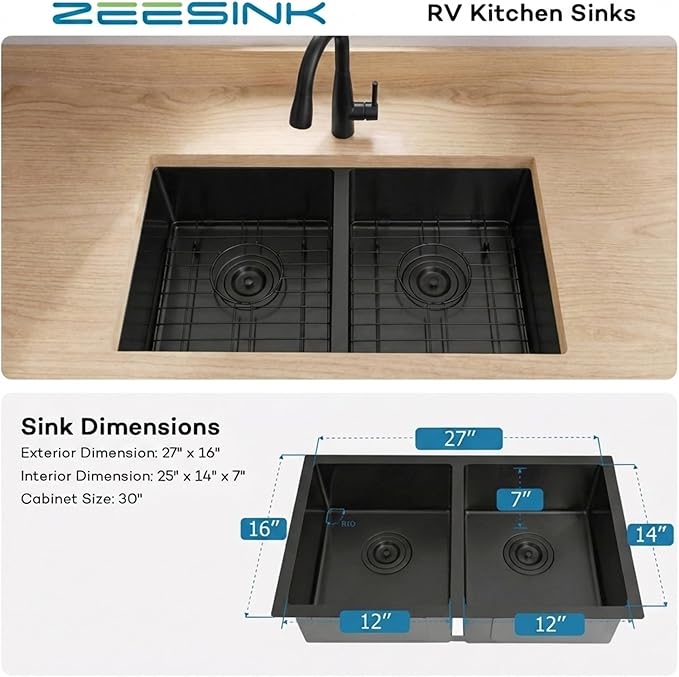 Black RV Kitchen Sink 27 X 16 inch,50/50 Double Bowl Undermount Kitchen Sink,16 Gauge Stainless Steel Kitchen Sinks for RV