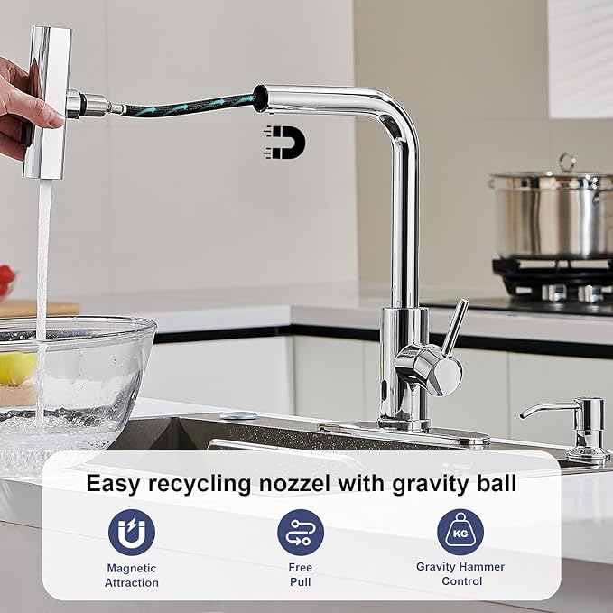 AVSIILE Touchless Waterfall Kitchen Faucets with Pull Down Sprayer & Soap Dispenser in Chrome, Single Hole, Single Handle, Pull Out Sink Faucet, Suitable for Farmhouse Camper Laundry Rv Bar