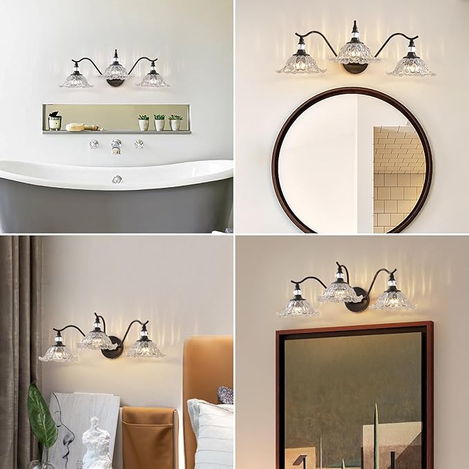 Vintage Bathroom Vanity Light Fixtures - 3 Light Antique Matte Black Bathroom Lights Fixture Over Mirror with Clear Flower Glass,Retro High End Wall-Mounted Vanity Lighting for Bath Powder Room
