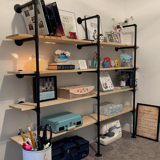 HITOMEN Industrial Iron Pipe Shelves, 2 Set 5-Tier 70.5" Tall 12" Depth, DIY Open Bookshelf Bookcase, Wall Mounted Vintage Retro Shelving, Rustic Farmhouse Pantry Kitchen Storage, Black Shelf Brackets