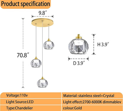 3-Light Dimmable LED Gold Pendant Light,Crystal Ball Chandelier for Dining Room Bedroom Pendant Light Kitchen Island 15W