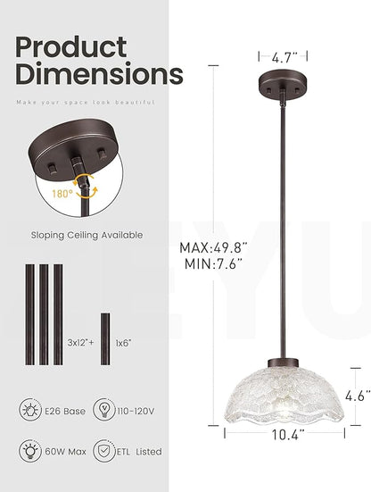 zeyu 1-Pack Adjustable Hanging Light, Bronze Pendant Light, Kitchen Island Hanging Ceiling Light with Clear Hammered Glass, Oil Rubbed Bronze Finish, ZJX116M1L ORB
