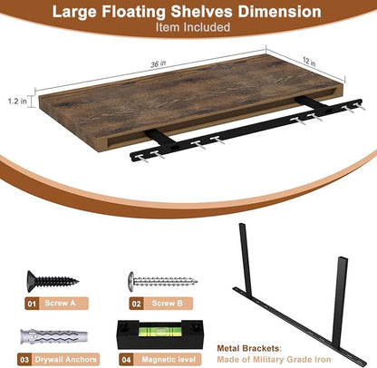 12 Inch Deep Floating Shelves for Wall 2 Pack Floating Shelfs Large Storage Space Wall Decor Display Shelf for Bathroom Living Room Bedroom Kitchen 36" W x 12" D x 1.2" H Rustic Brown