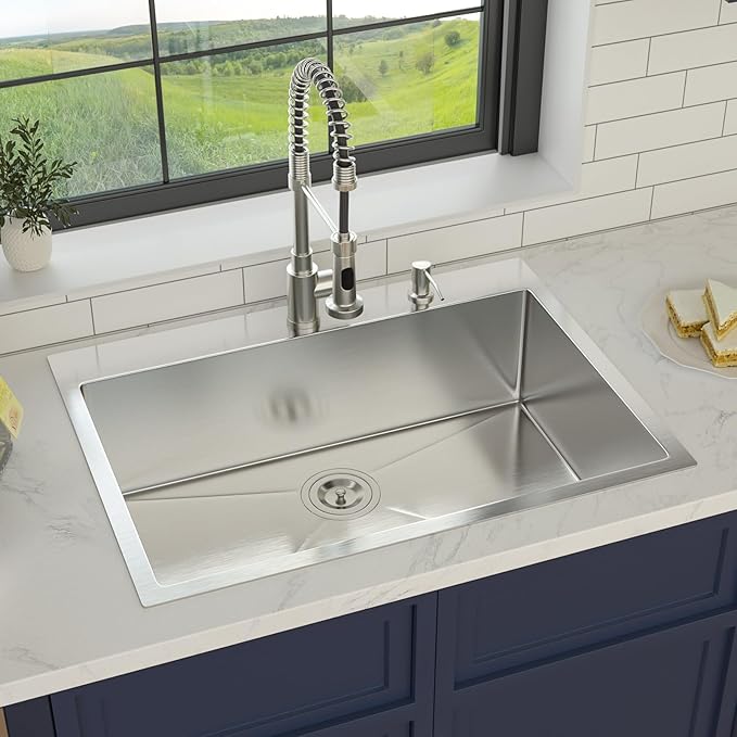 30 Inch Drop in Kitchen Sink 30x22 Drop in Kitchen Sink 16 Gague Topmount Stainless Steel Single Bowl Handmade Sinks Large Deep Basin 30"x22"x9"