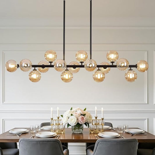 56 Inch Black Linear Chandeliers for Dining Room, Kitchen Island, Living Room, 16-Light Mid Century Modern Light Fixture Over Table, Large Amber Glass Globe Sputnik Bubble Chandelier