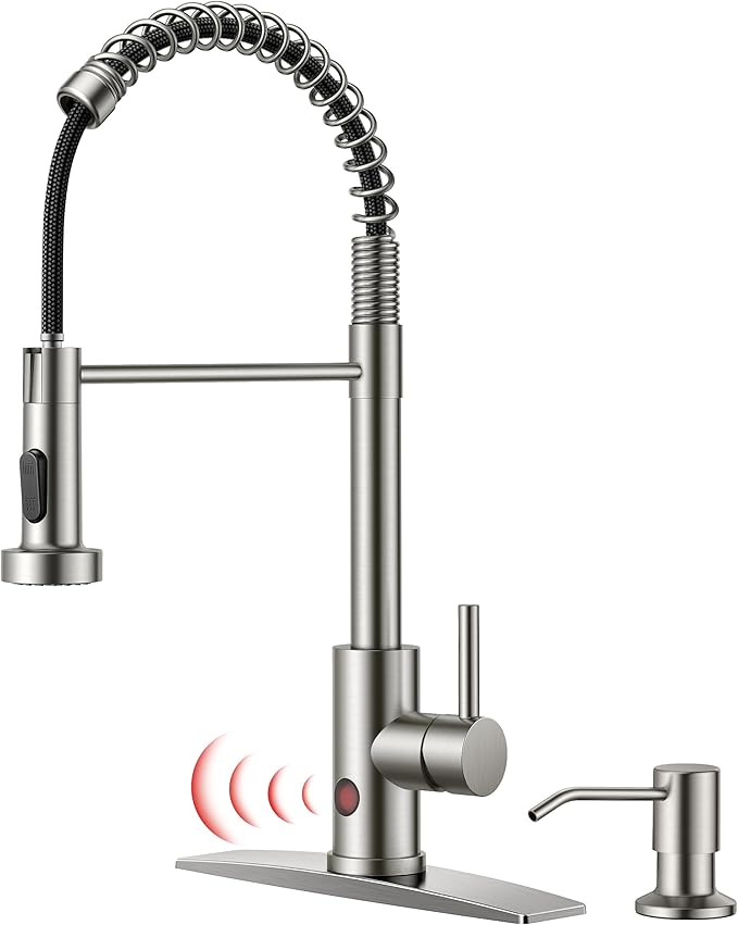 FORIOUS Touchless Kitchen Faucet with Soap Dispenser, Motion Sensor Activated Smart Sink Faucet with Pull Down Sprayer Single Handle Hands Free Contemporary for Bar & Prep Sinks, Brushed Nickel