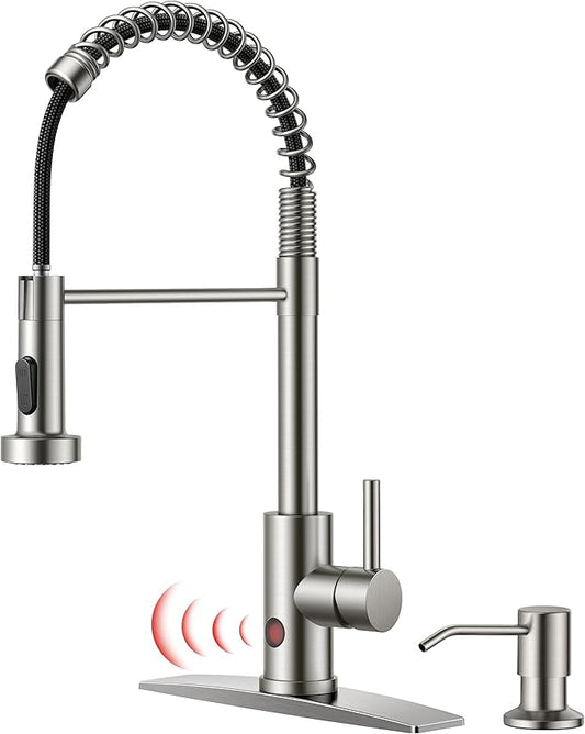 FORIOUS Touchless Kitchen Faucet with Soap Dispenser, Motion Sensor Activated Smart Sink Faucet with Pull Down Sprayer Single Handle Hands Free Contemporary for Bar & Prep Sinks, Brushed Nickel