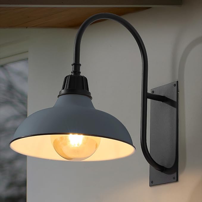 JONATHAN Y 12.25" Matte Silver 1-Light Blue/Black Farmhouse Gooseneck Outdoor Wall Sconce Lamp, with Black Metal Bowl Shade, Industrial Iron LED Porch Light for Patio Garage Entryway (JYL7614K)