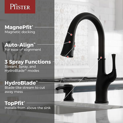 Pfister Alderwood Kitchen Faucet with Pull Down Sprayer and Soap Dispenser, Single Handle, NSF Certified, Matte Black Finish, F5297AWB