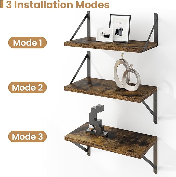 Heimlove Floating Shelves for Wall Set of 3,Light Wood Wall Mounted Bookshelf Decorative Shelf for Living Room Bathroom Bedroom Kitchen Laundry Pictures Plants Books Cats TV,Rustic Brown