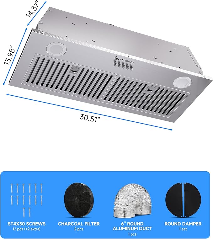 AMZCHEF Range Hood Insert 30 Inch, 1000 CFM Stainless Steel Built-in Kitchen Vent Hood,3-Speed Exhaust Fan with Button, LED Lights,Baffle Filters & Charcoal Filters,Sliver Button