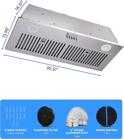 AMZCHEF Range Hood Insert 30 Inch, 1000 CFM Stainless Steel Built-in Kitchen Vent Hood,3-Speed Exhaust Fan with Button, LED Lights,Baffle Filters & Charcoal Filters,Sliver Button