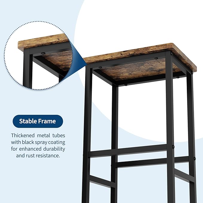 GarveeHome 3-Piece Kitchen Table Set with Storage Shelves & 2 Bar Stools - Iron and Wood Dining Table for Small Spaces, Apartments, Condos, Rustic Brown