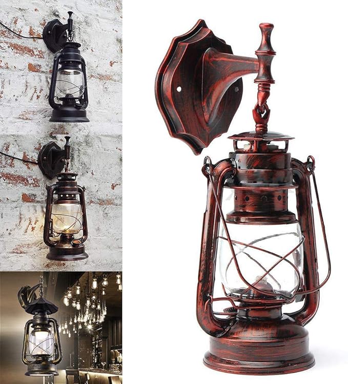 Rustic Wall Lamp, Lantern Shaped Wall Light with Plastic Cover Retro Red Bronze Color Industrial Wall Sconce 220V 3W Light Fixtures for Porch Foyer Hallway Bar