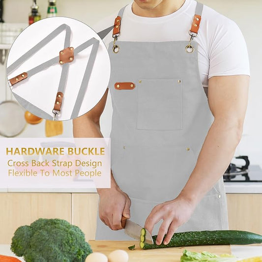 Aoomzoon Canvas Aprons for Men Chef Apron, Work Apron with Large Pockets - 16oz Heavy Duty Cross Back, BBQ, Cooking