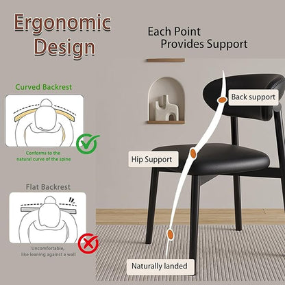Farmhouse Dining Chairs, French Country Wooden Dinner Chairs with Curved Backrest Oak Frame,Rustic Upholstered Kitchen Chair for Living Room Vanity Lounge,4PCS Ebony/Black Leather