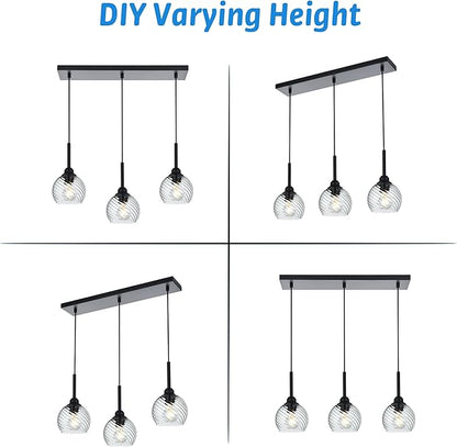 3 Light Linear Island Lights with Striped Swirl Globe Glass, Black Kitchen Hanging Pendant Light Fixture Farmhouse Chandelier for Dining Room Bar Living Room