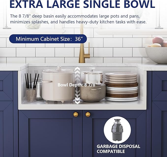 DeerValley 33" L x 20" W White Farmhouse Workstation Sink, Reversible Fireclay Deep Single Bowl Apron Front Kitchen Sink, Undermount Farm Sink with Ledge and Accessories
