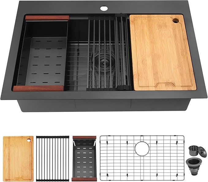 LQS Black Drop In Kitchen Sink, 33x22 Drop In Kitchen Sink, 16 Gauge Stainless Steel Sink Top Mount Deep & Large Sink with Multifunctional Workstation Kitchen Sinks and Practical Accessories