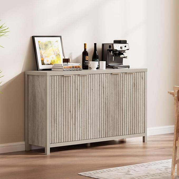 OAKHAM HOME Buffet Cabinet Fluted Sideboard 56" Accent Cabinet with Adjustable Shelves 4 Doors Modern Storage Credenza for Living Room Kitchen Hallway, Grey Ash Oak