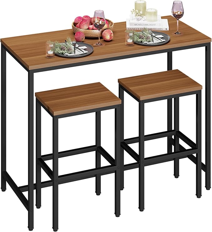 Yongchuang 3 Piece Bar Table Set, Bar Table and Chairs Set of 2, Modern Counter Height Table with 2 Stools for Kitchen, Dining Room, Living Room Breakfast Table Industrial Brown Wood Top